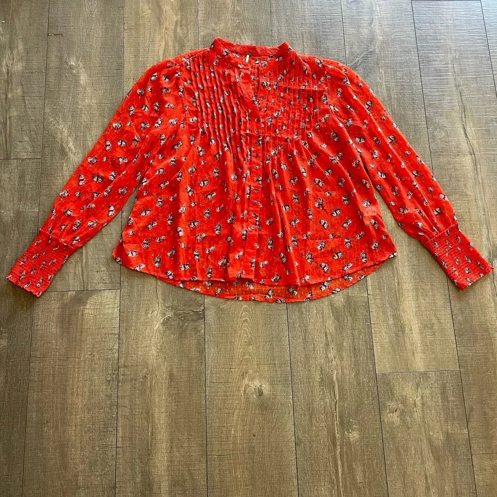 Free People Floral Blouse Womens S Red Cottagecore Pintuck Swiss Dot Sheer Top